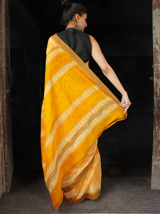 Golden Yellow Ivory Chanderi Silk Hand Block Printed Saree With Geecha Border - S031703599