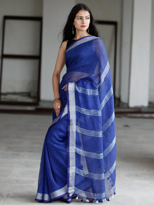 Royal Blue Silver Handwoven Linen Saree With Zari Border - S031703747