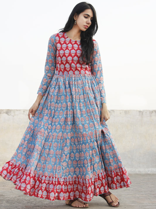 Red Blue Ivory Hand Block Printed Long Cotton Tier Dress -  D172F543