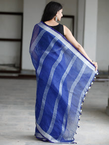 Royal Blue Silver Handwoven Linen Saree With Zari Border - S031703747