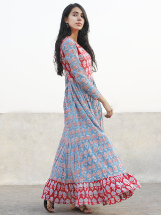 Red Blue Ivory Hand Block Printed Long Cotton Tier Dress -  D172F543
