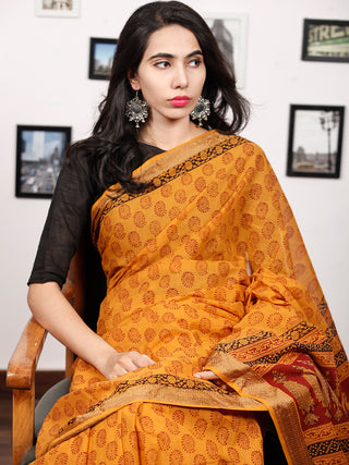 Orange Maroon Black Bagh Printed Maheshwari Cotton Saree - S031703315