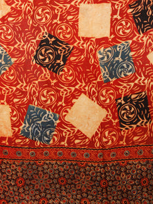Red Beige Black Ajrakh Hand Block Printed Modal Silk Saree in Natural Colors - S031703356