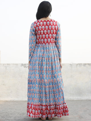 Red Blue Ivory Hand Block Printed Long Cotton Tier Dress -  D172F543