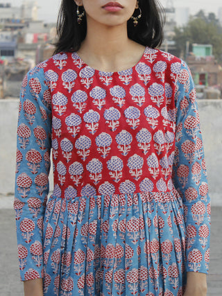 Red Blue Ivory Hand Block Printed Long Cotton Tier Dress -  D172F543