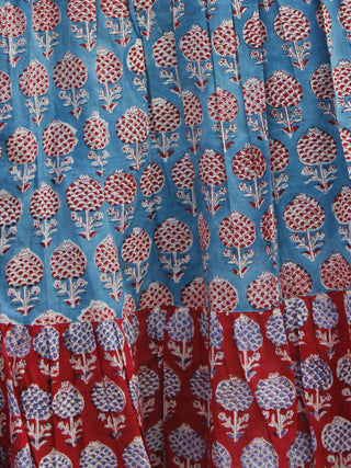 Red Blue Ivory Hand Block Printed Long Cotton Tier Dress -  D172F543