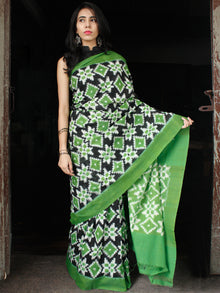 Green Black White Telia Rumal Double Ikat Handwoven Pochampally Mercerized Cotton Saree - S031703641