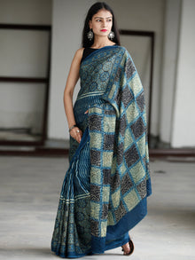 Indigo Fern Green Black Ivory Ajrakh Hand Block Printed Modal Silk Saree in Natural Colors - S031703730