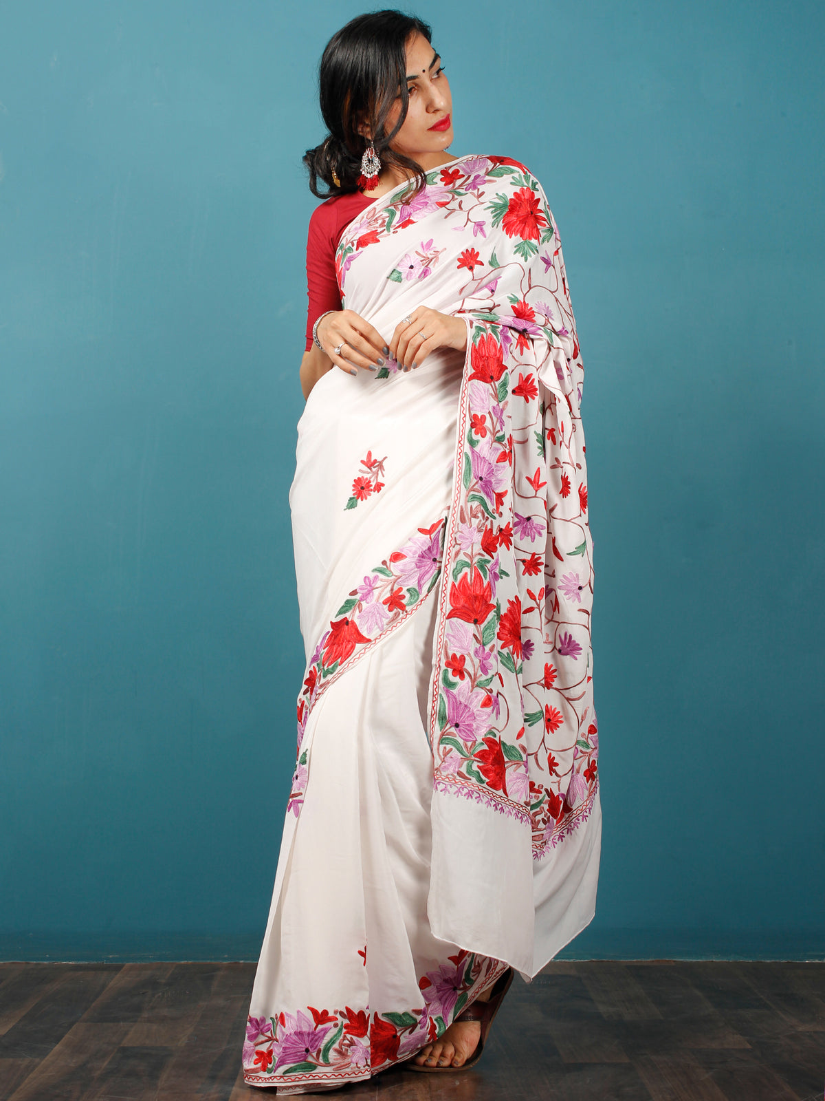 White Red Purple Rust Aari Embroidered Crepe Silk Saree From Kashmir  - S031703054