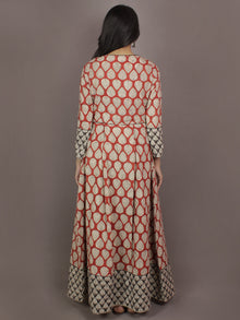 Red Beige Black Hand Block Printed Long Cotton Dress With Box Pleats & Side Pockets - D2522602