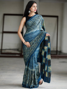 Indigo Fern Green Black Ivory Ajrakh Hand Block Printed Modal Silk Saree in Natural Colors - S031703730