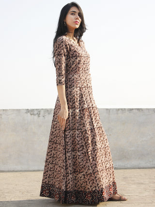Brown Maroon Beige Hand Block Printed Long Tie-Up Back Waist Dress - D162F1155