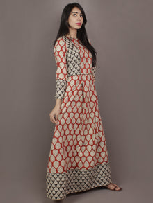 Red Beige Black Hand Block Printed Long Cotton Dress With Box Pleats & Side Pockets - D2522602