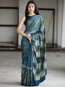 Indigo Fern Green Black Ivory Ajrakh Hand Block Printed Modal Silk Saree in Natural Colors - S031703730