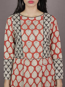 Red Beige Black Hand Block Printed Long Cotton Dress With Box Pleats & Side Pockets - D2522602