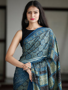 Indigo Fern Green Black Ivory Ajrakh Hand Block Printed Modal Silk Saree in Natural Colors - S031703730