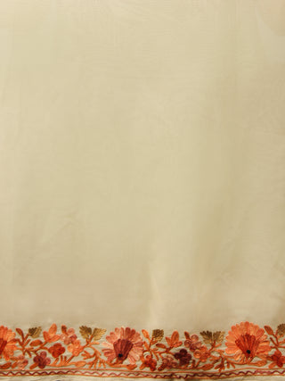 Ivory Rust Peach Aari Embroidered Chiffon Saree From Kashmir  - S031704063