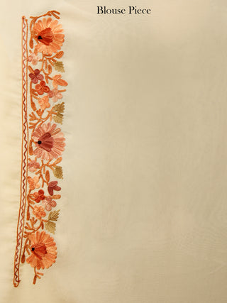 Ivory Rust Peach Aari Embroidered Chiffon Saree From Kashmir  - S031704063