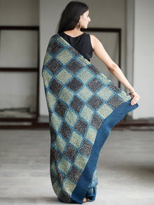 Indigo Fern Green Black Ivory Ajrakh Hand Block Printed Modal Silk Saree in Natural Colors - S031703730