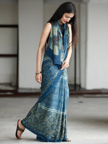 Indigo Fern Green Black Ivory Ajrakh Hand Block Printed Modal Silk Saree in Natural Colors - S031703730