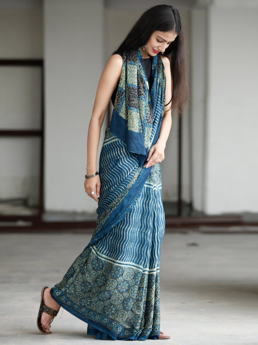 Indigo Fern Green Black Ivory Ajrakh Hand Block Printed Modal Silk Saree in Natural Colors - S031703730