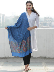 Royal Blue Black Paisly Weaved Border Silk Wool Kashmiri Stole - S200564