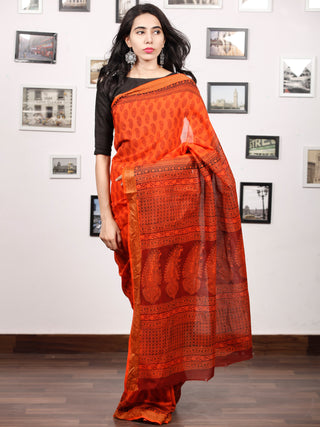 Coral Maroon Black Bagh Printed Maheshwari Cotton Saree - S031703316