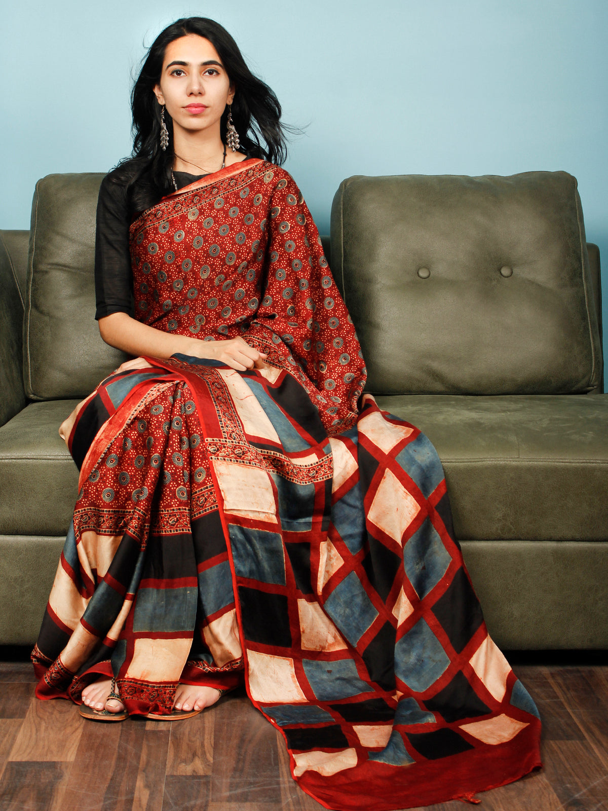 Red Indigo Ivory Black Ajrakh Hand Block Printed Modal Silk Saree in Natural Colors - S031703357