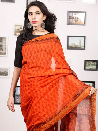 Coral Maroon Black Bagh Printed Maheshwari Cotton Saree - S031703316
