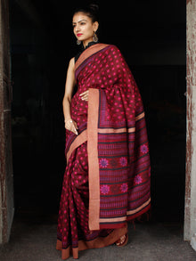 Maroon Pink Blue Chanderi Silk Hand Block Printed Saree With Geecha Border - S031703600