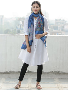 Royal Blue Black Paisly Weaved Border Silk Wool Kashmiri Stole - S200564