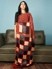 Red Indigo Ivory Black Ajrakh Hand Block Printed Modal Silk Saree in Natural Colors - S031703357