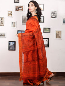 Coral Maroon Black Bagh Printed Maheshwari Cotton Saree - S031703316