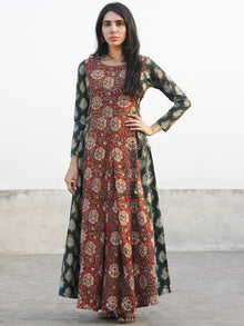 Red Green Mustard Hand Block Printed Cotton  Waist Tie Up Dress -  D176F1144