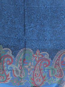 Royal Blue Black Paisly Weaved Border Silk Wool Kashmiri Stole - S200564