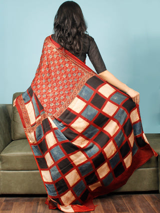 Red Indigo Ivory Black Ajrakh Hand Block Printed Modal Silk Saree in Natural Colors - S031703357