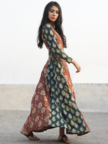 Red Green Mustard Hand Block Printed Cotton  Waist Tie Up Dress -  D176F1144