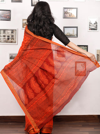 Coral Maroon Black Bagh Printed Maheshwari Cotton Saree - S031703316