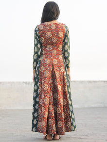 Red Green Mustard Hand Block Printed Cotton  Waist Tie Up Dress -  D176F1144