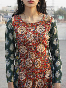 Red Green Mustard Hand Block Printed Cotton  Waist Tie Up Dress -  D176F1144