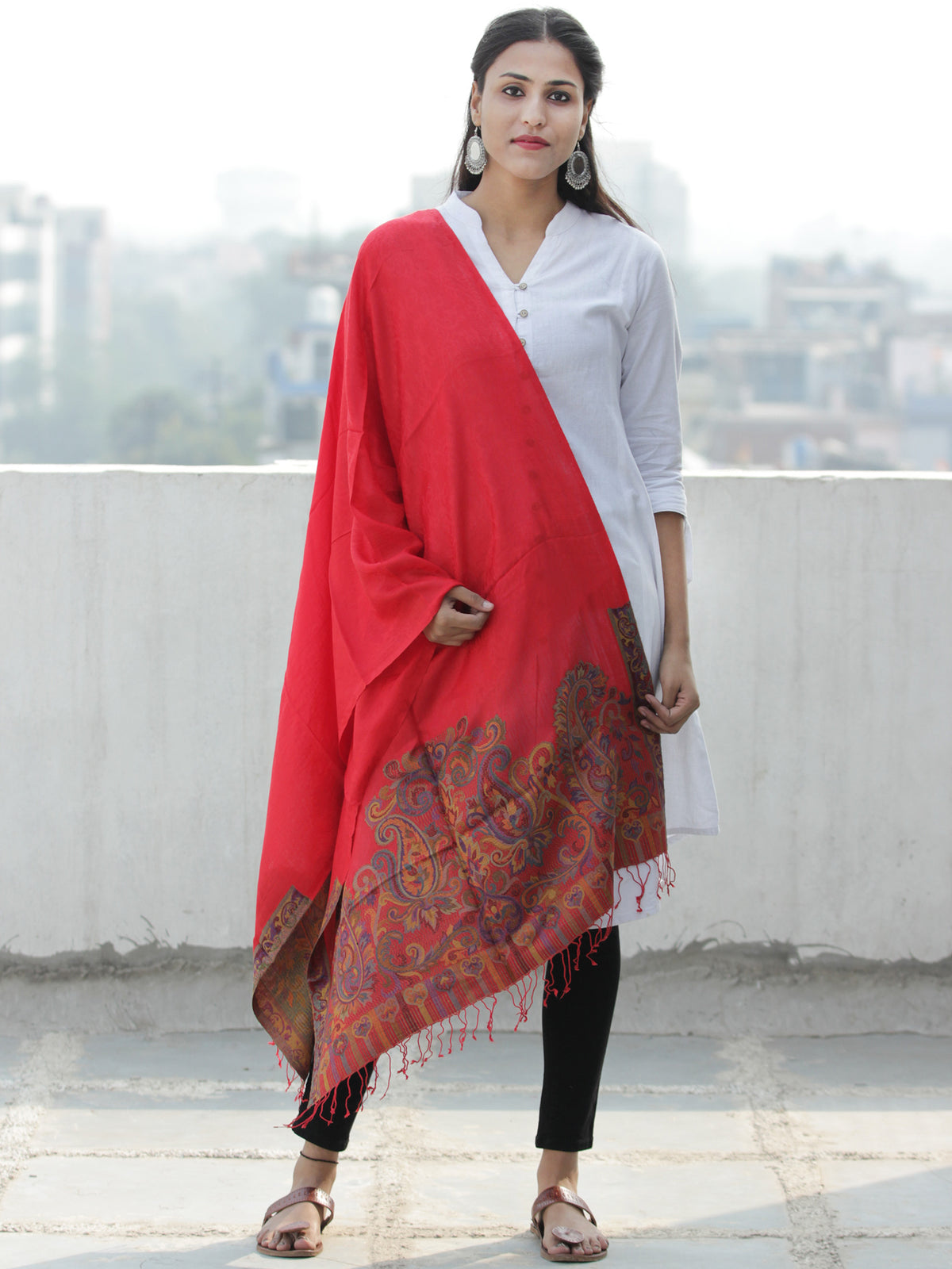 Red Multi Color Paisly Weaved Border Silk Wool Kashmiri Stole - S200567