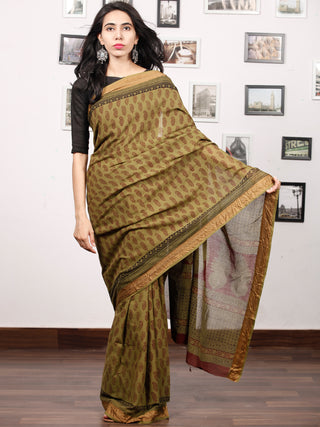 Olive Green Maroon Black Bagh Printed Maheshwari Cotton Saree - S031703317