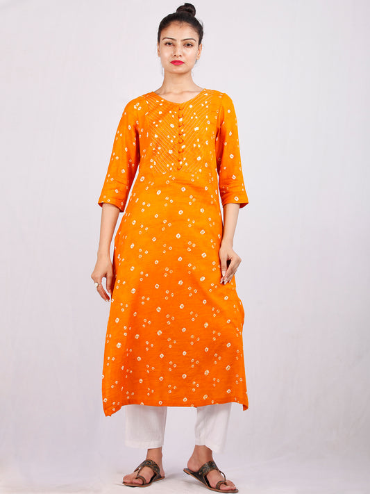 Mustard White Bandhani  Printed Glace Cotton Kurta  - K184FXXX