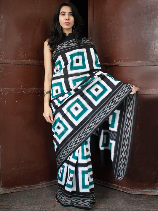 Teal Green Black White Double Ikat Handwoven Cotton Saree - S031703656