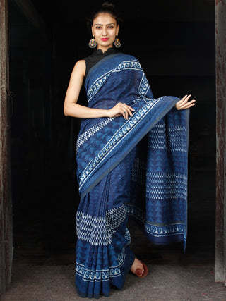 Indigo Blue White Chanderi Silk Hand Block Printed Saree With Temple Border - S031703601