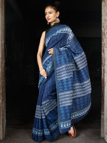 Indigo Blue White Chanderi Silk Hand Block Printed Saree With Temple Border - S031703601