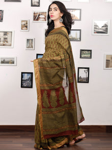 Olive Green Maroon Black Bagh Printed Maheshwari Cotton Saree - S031703317