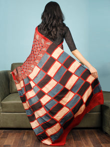 Red Indigo Ivory Black Ajrakh Hand Block Printed Modal Silk Saree in Natural Colors - S031703358
