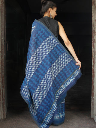 Indigo Blue White Chanderi Silk Hand Block Printed Saree With Temple Border - S031703601