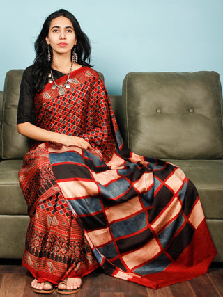Red Indigo Ivory Black Ajrakh Hand Block Printed Modal Silk Saree in Natural Colors - S031703358